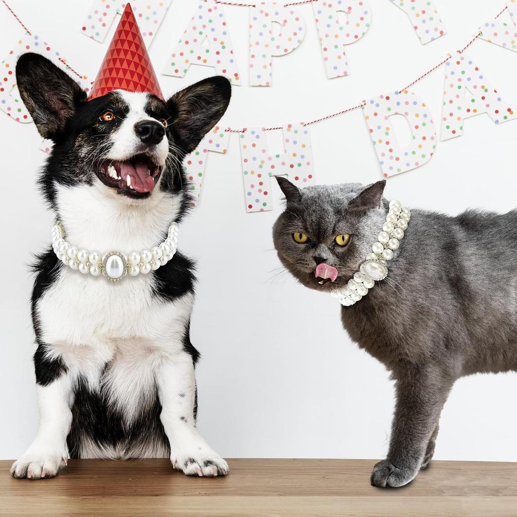 KUDES Small Dog Cat Big Pearl Collars with Crystal Rhinestone Diamond Décor, Adjustable Cute Fashion Pet PU Leather Collars Necklace for Wedding