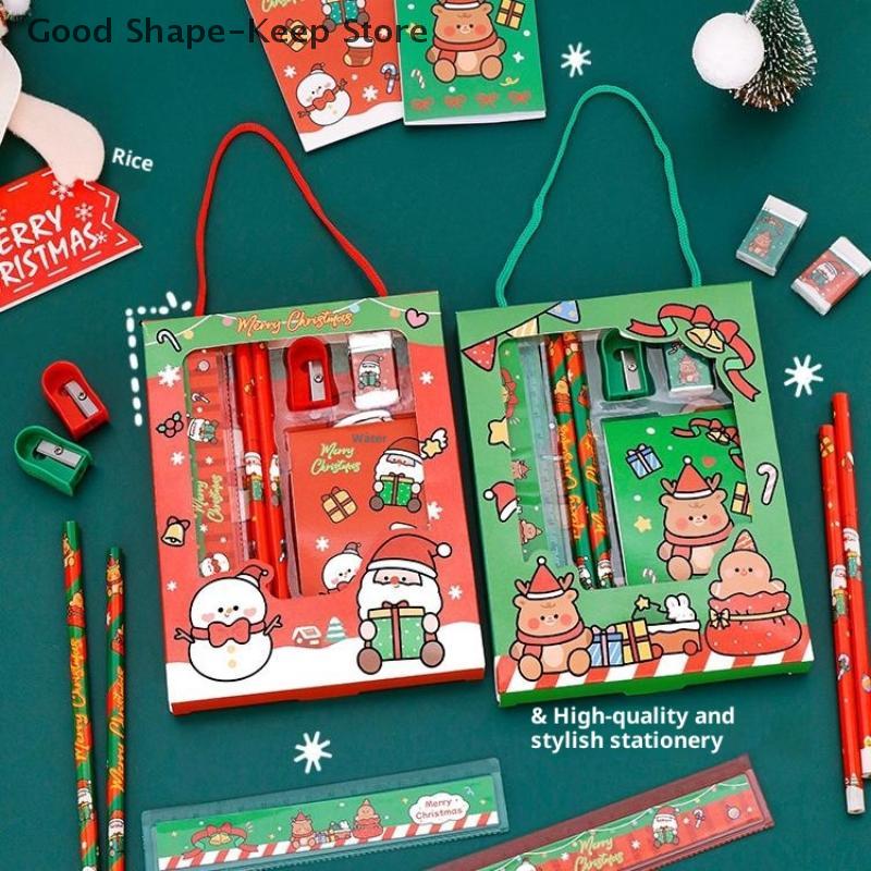 6Pcs/set Cartoon Christmas Kawaii Children Stationery Set Pencil Sharpener Erasers Pencils Rulers School Stationery Supplies