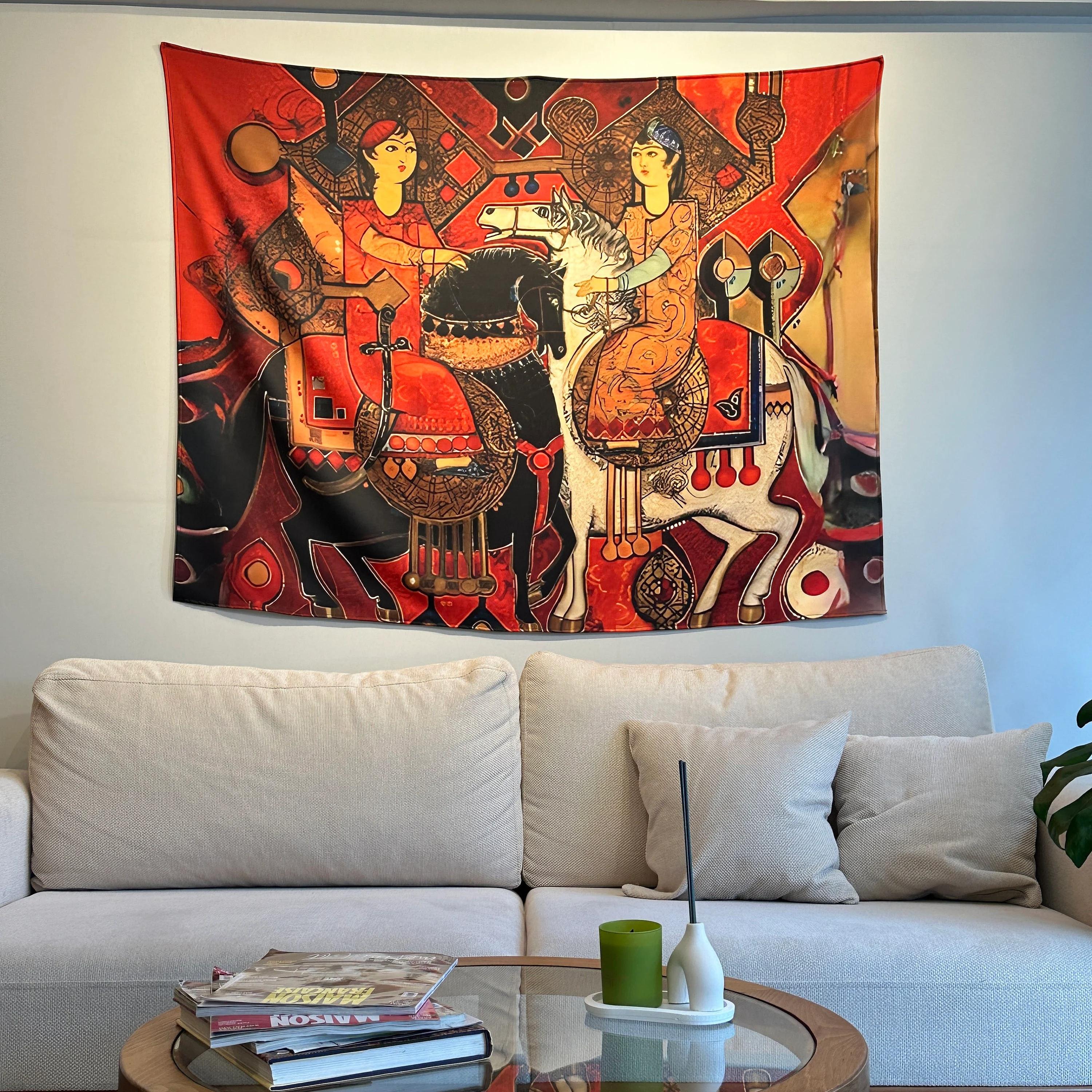 Ethnic Style Knight Steed Tapestry Vintage Folk Background Cloth Living Room Bohemian Decoration Room Decoration 100X70CM