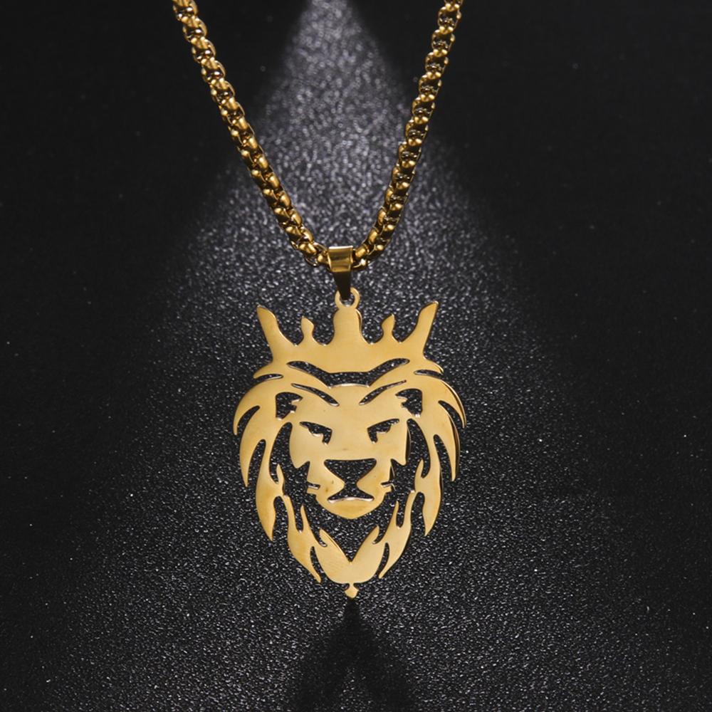 My Shape Lion King Crown Pendent Necklaces for Men Boys Stainless Steel Punk Animal Wolf Charms Choker Chains Hip Hop Jewelry