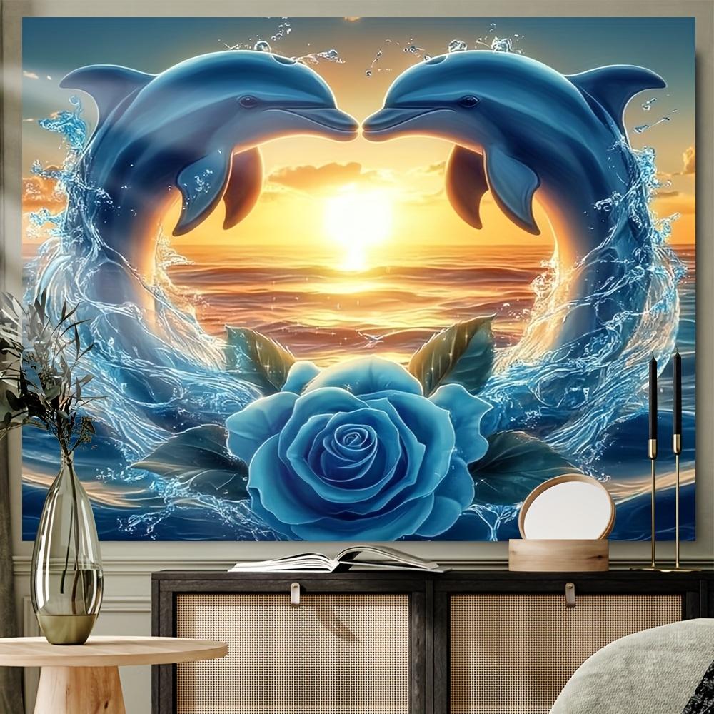 Romantikus Delfinek Szív Alakú Naplemente Óceánkék Rózsaszín Faliszőnyeg Hálószoba Nappali Díszítéshez Szerelmes Állat Művészeti Nyomat 180x230cm71x91in