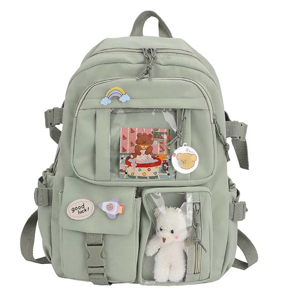 Student Schoolbag Fashion College Student Rucksack Nylon with Plush Pendant Pin Cute Large Capacity Japanese Style for Vacations