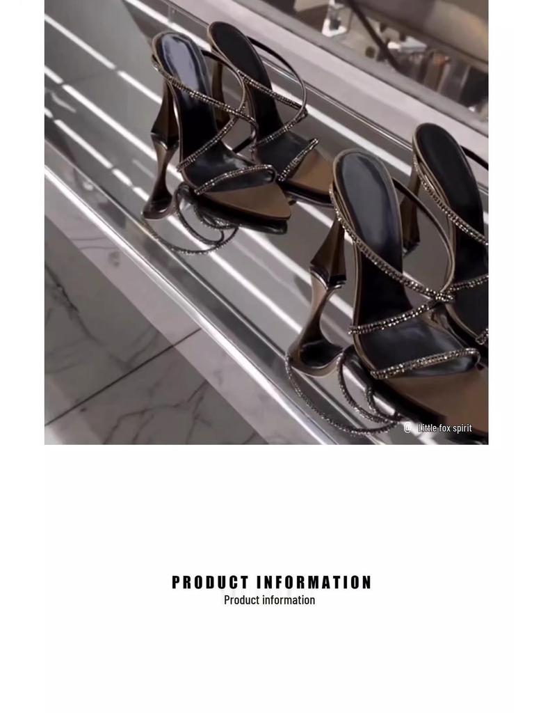Brown Satin Rhinestone Pointed-Toe High Heel Sandals - Women's Mature Summer Style
