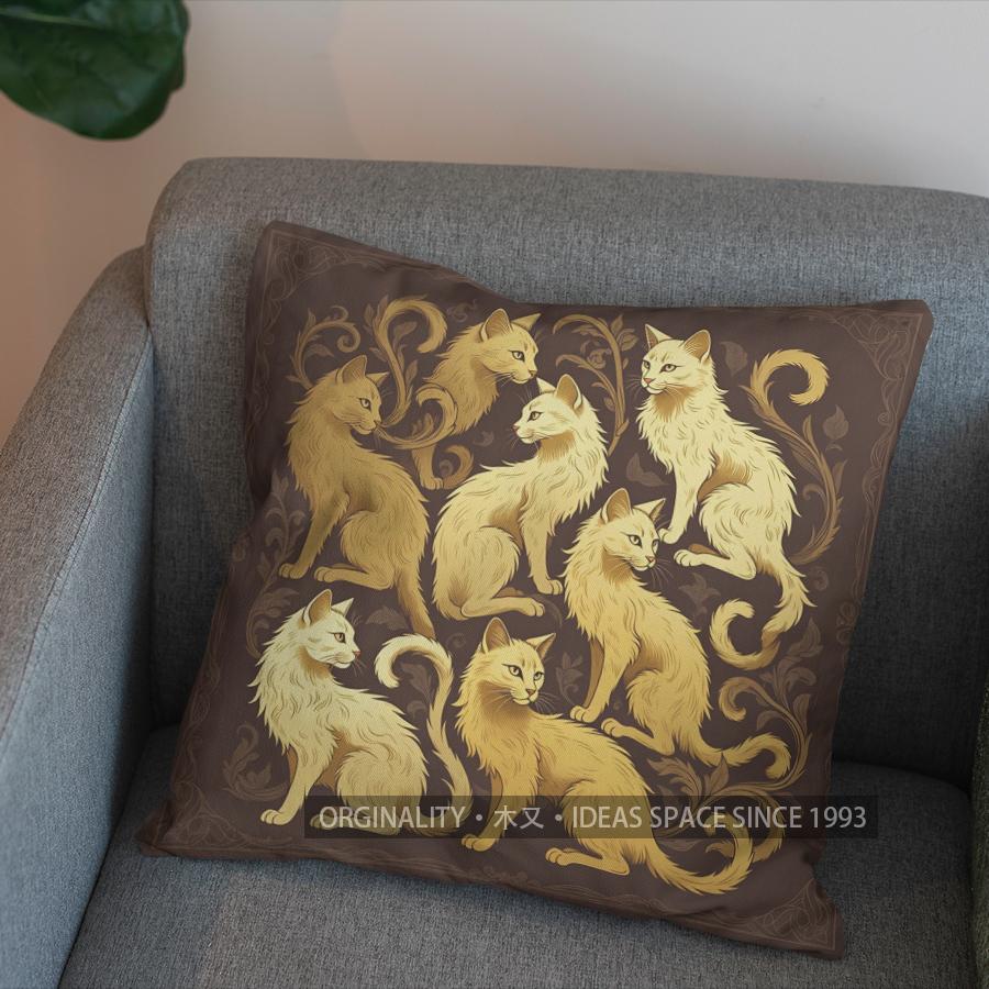 2D Cute Golden Cats Floral Patterned Pillow Cover Pattern Cushion Cover Suitable For Sofa Bedroom Car Pillow Cover