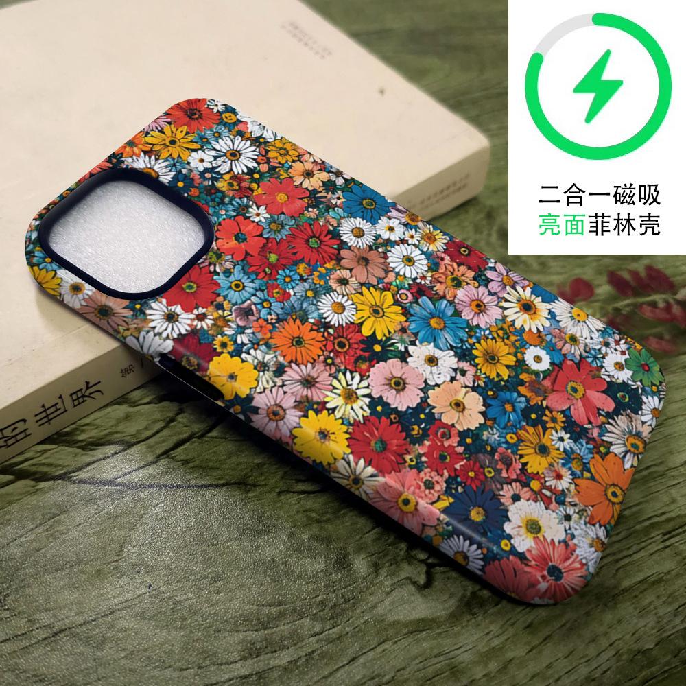 Retro oil painting flower mobile phone case iPhone16 anti-drop two-in-one film Apple mobile phone case 17promax