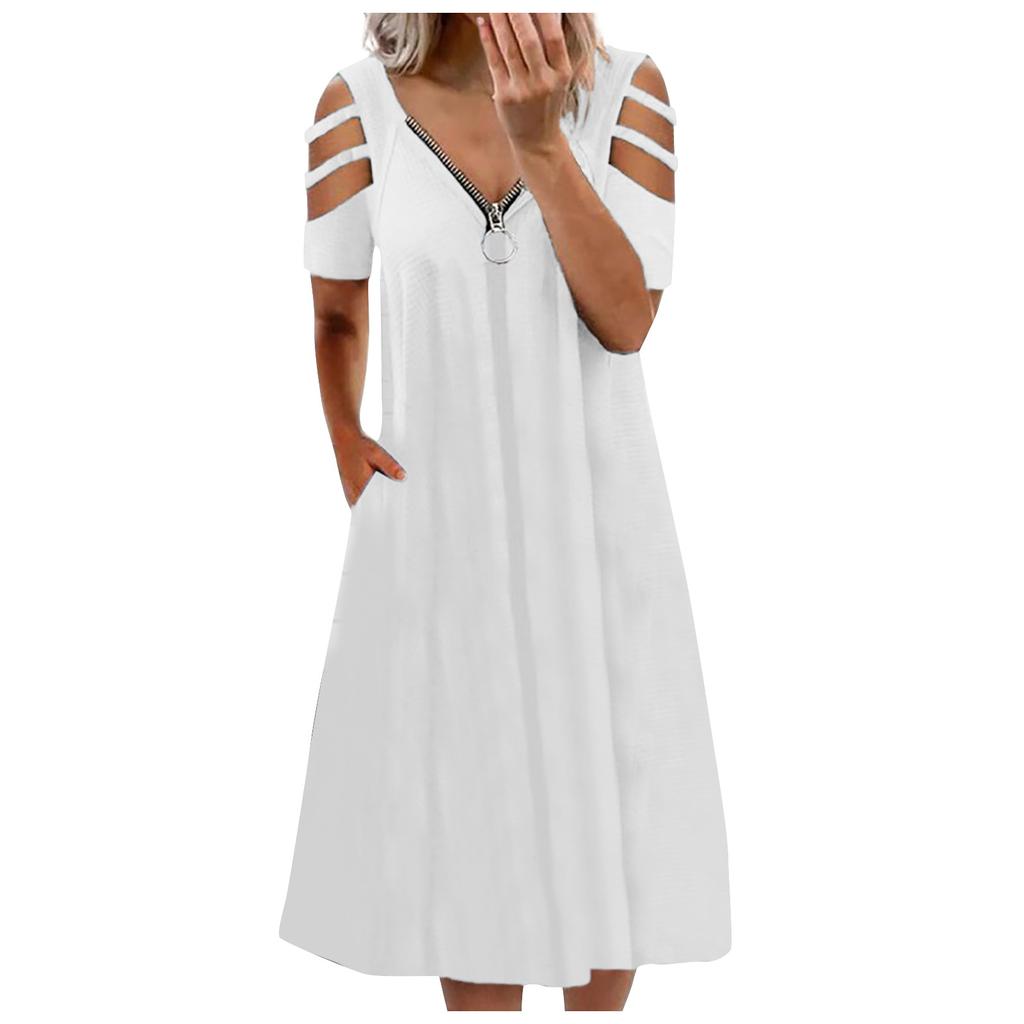 Women's Casual Fashion Solid Color Hollow Short Sleeve Zipper V-Neck Dress