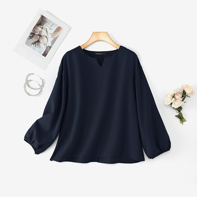 

ZANZEA Женская повседневная блузка с V-образным вырезом, свободного кроя, с длинным рукавом, однотонная 5XL тёмно-синий