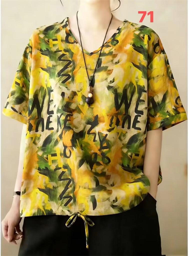 Summer Printed Short-sleeved T-shirt V-neck Cotton and Linen Loose Large-size Women's Top T-shirt Cotton and Linen Shirt