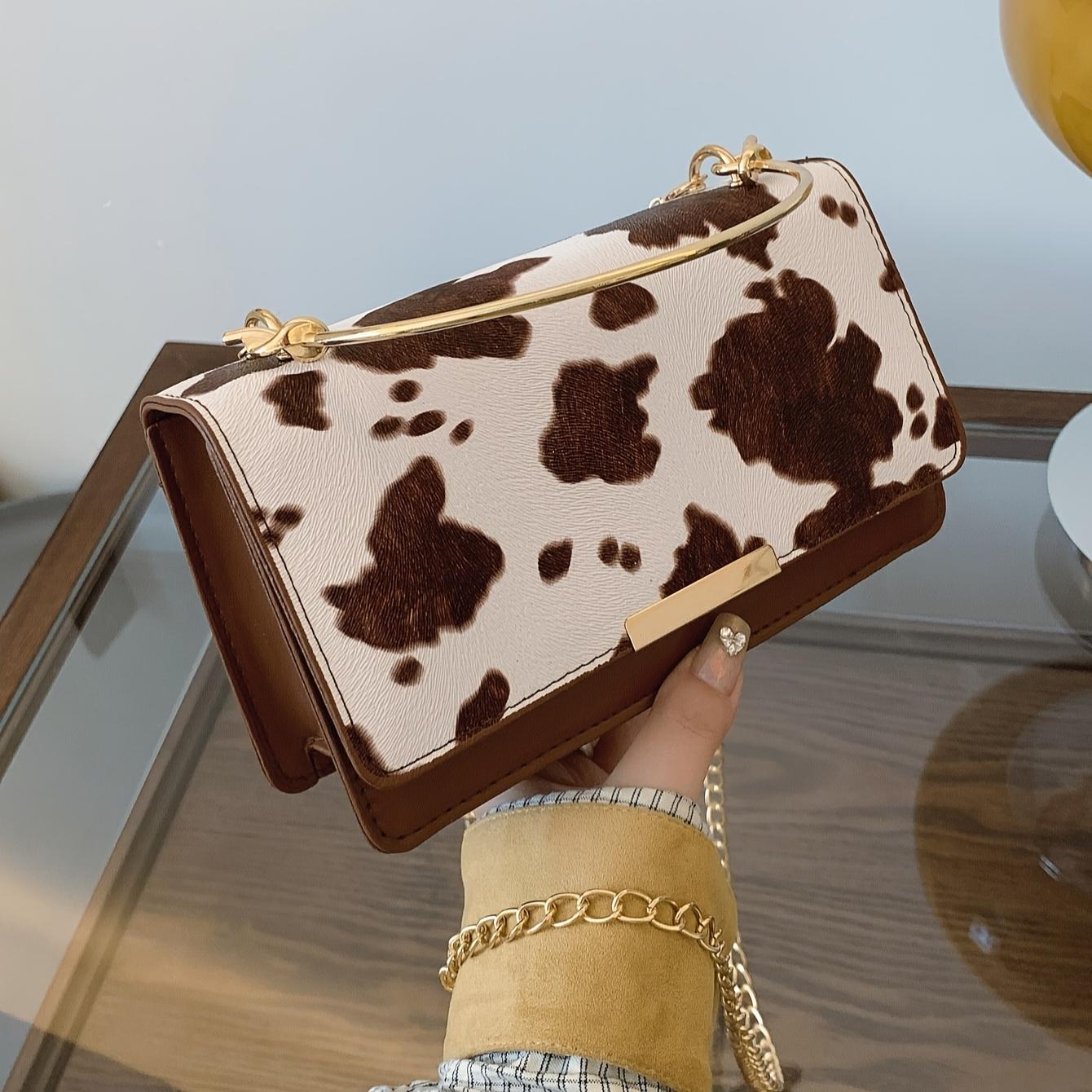 

Ladies cow print hand-held crossbody bag, retro crossbody bag with detachable chain, fashionable women s bag коричневий