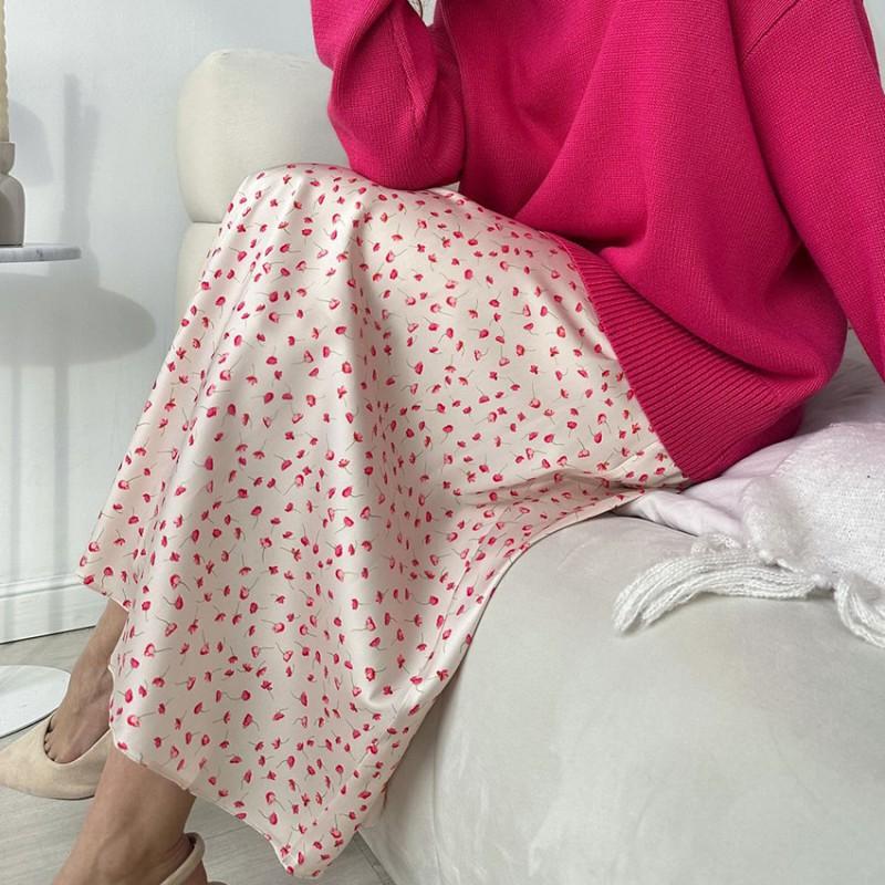 Floral Print Satin A-Line Midi Skirt Women Elegant Office Wear