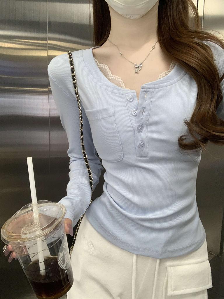 Bb Blue Half-open Neck Front Shoulder Bottoming Top Women's Season Slim-fitting Sweet Babes Long-sleeved T-shirt with Chest Pad Suspenders