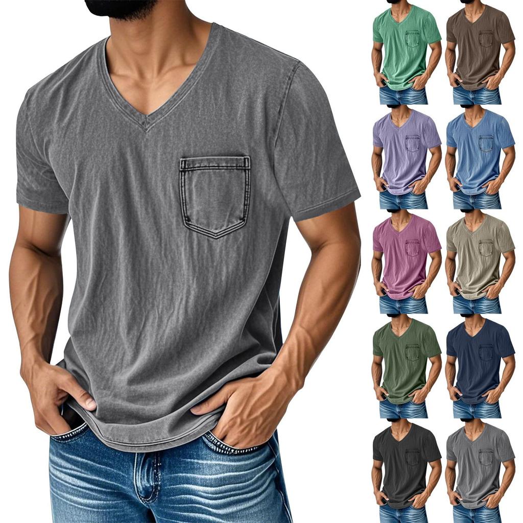 Men's Summer Solid Color V-Neck Loose Pocket Short Sleeve Top