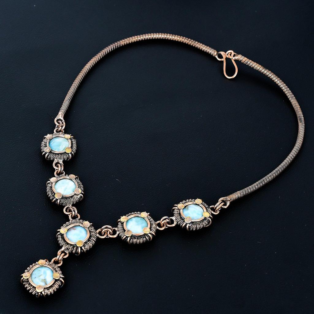 Larimar Necklace, 999 Copper Wire Wrapped Adjustable Chain Necklace. Gift For Women Handmade Necklace Gemstone Jewelry