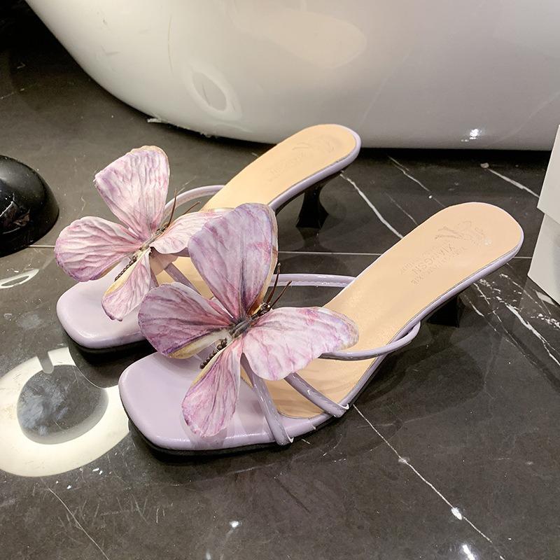 Fashion Women High Heel Slippers Fashion Peep Toetoe Women Fairy Wind Butterflys Quare Head Beach High Heel Cool Slipper Sandalias Mujer