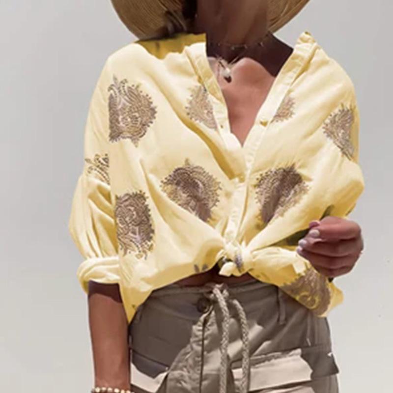 Women's Autumn Graphic Print Long Sleeve Shirt with Turn-Down Collar