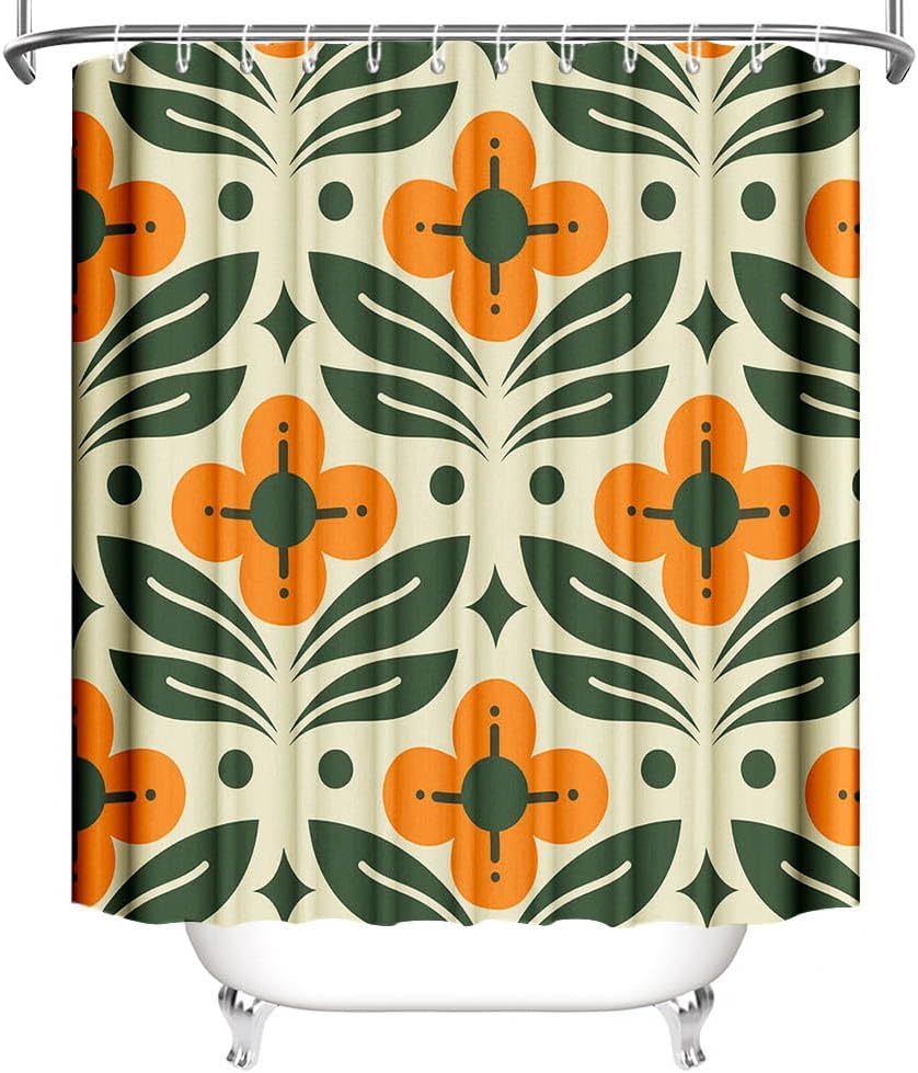 Orange Floral Shower Curtain, Vintage Mid-Century Abstract Geometric, Boho Retro Bathroom Decor, Waterproof Fabric