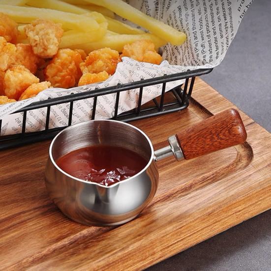50/100/150ML Edelstahl Saucenschale mit Holzgriff V-förmige Öffnung Espressotasse Gewürze Salatdressings Dippschale