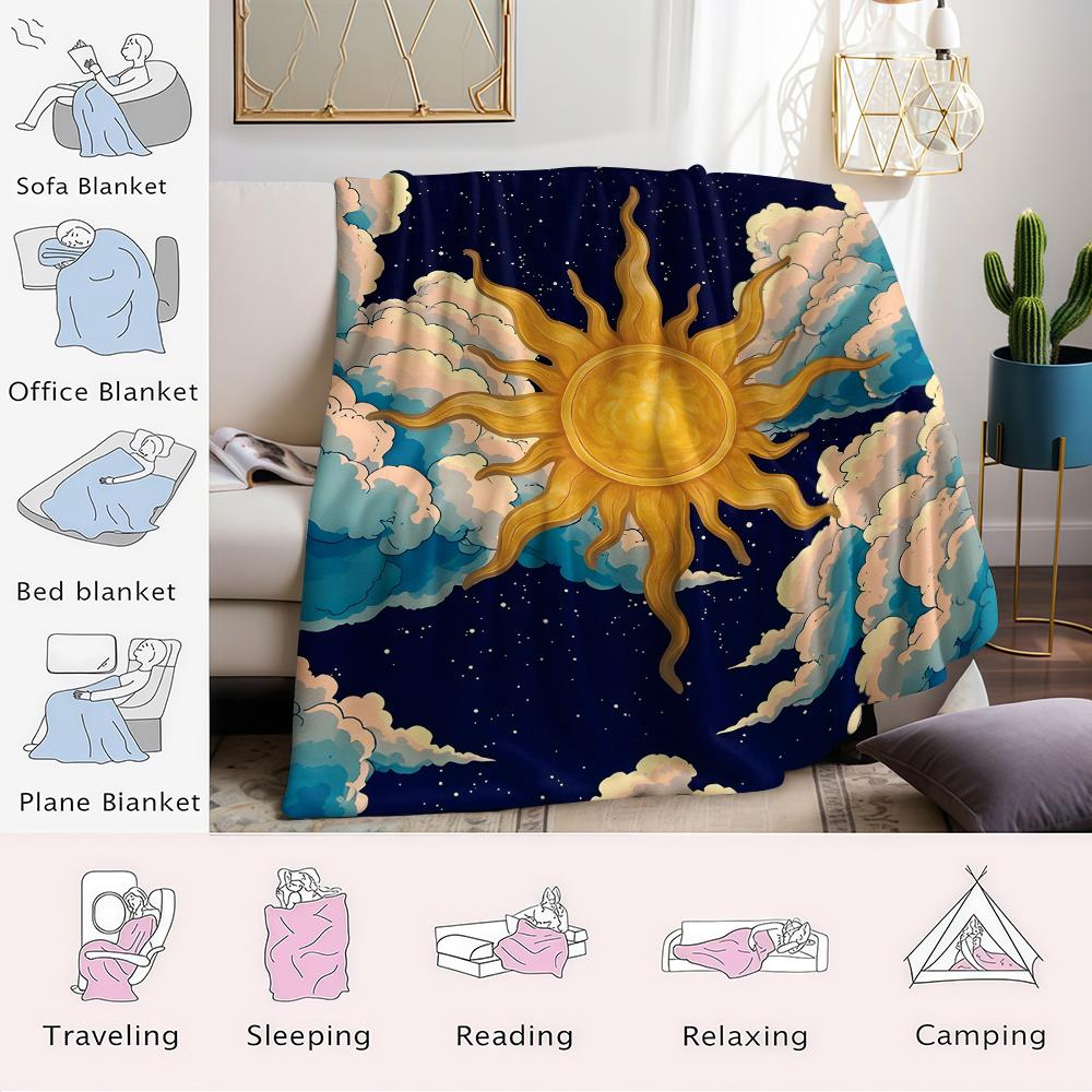 Golden Sun in Clouds Flannel Blanket Warm Soft Halloween Christmas Couch Warm Cozy Decorative Decor Gift for All Season