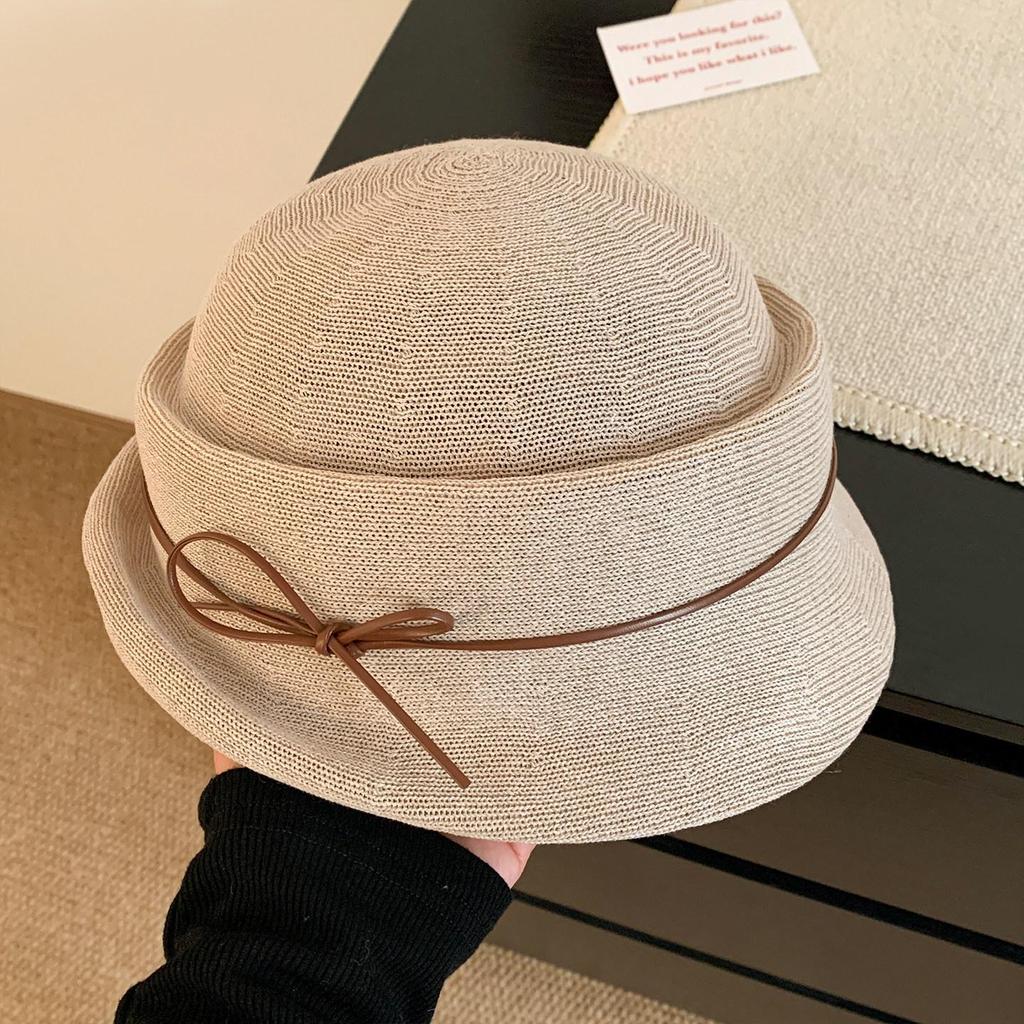 French Hepburn-Style Bowknot Women's Elegance: Rolled Brim Formal Bucket Hat