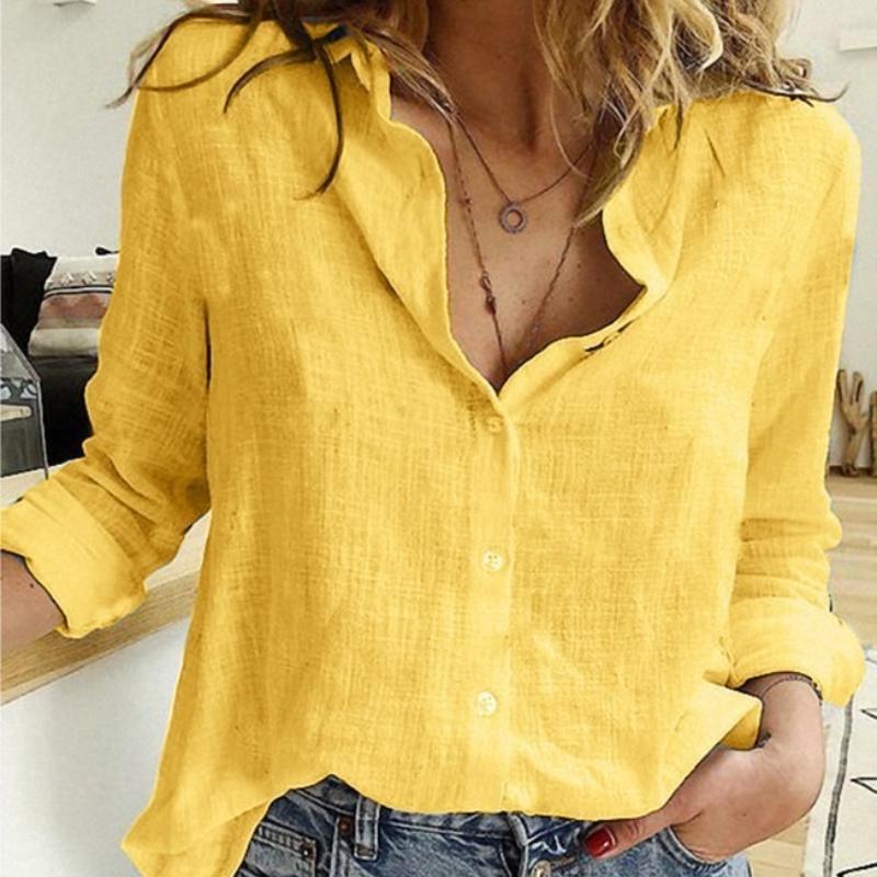 Camicia da Donna Estiva con Collo a Revers Sottile Fresca in Cotone e Lino Elegante Scollo a V Manica Lunga Camicia da Signora