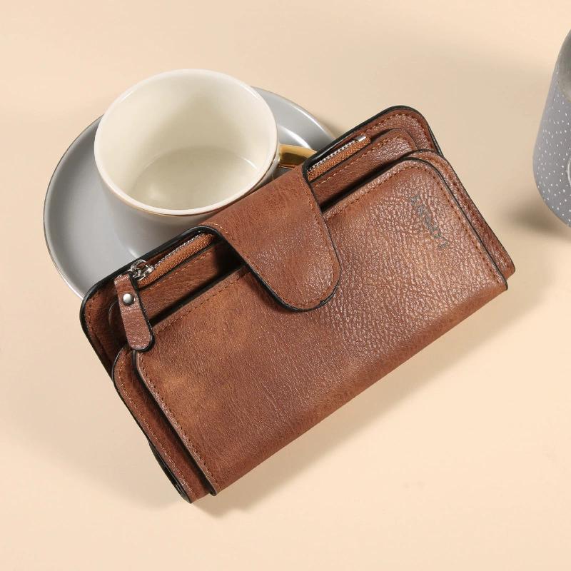 Women Long Wallet Money Clip PU Leather 3 Fold Women's Wallets Clutch Color Blocking Retro Coin Purse Card Holder