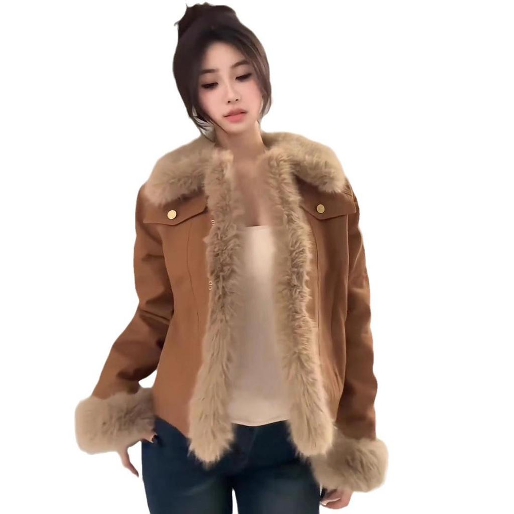 Women's Fashionable One-Piece Leather & Fur Lambswool Coat - Thickened 2024 Autumn/Winter High-End Plush Jacket