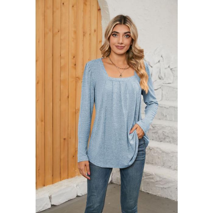 

Весенне-осенняя женская блузка, плиссированный однотонный топ с квадратным вырезом и длинными рукавами XXL небесно-голубой