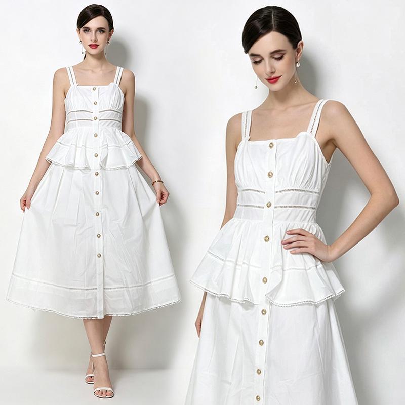 Summer White Sleeveless Spaghetti Strap Dress Women Vintage Button Down Ruffle A-Line Midi Dress Elegant Casual Beach Dress