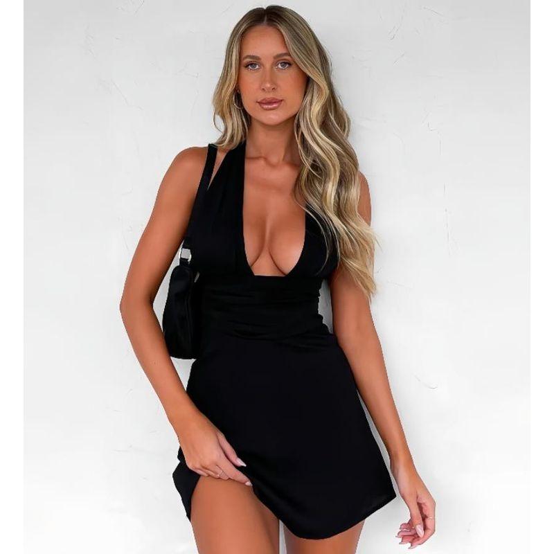 

Fashion Deep V Neck Halterneck Vest Skirt Outfit Dress Crop Top Mini Skirt Set Suit Black S