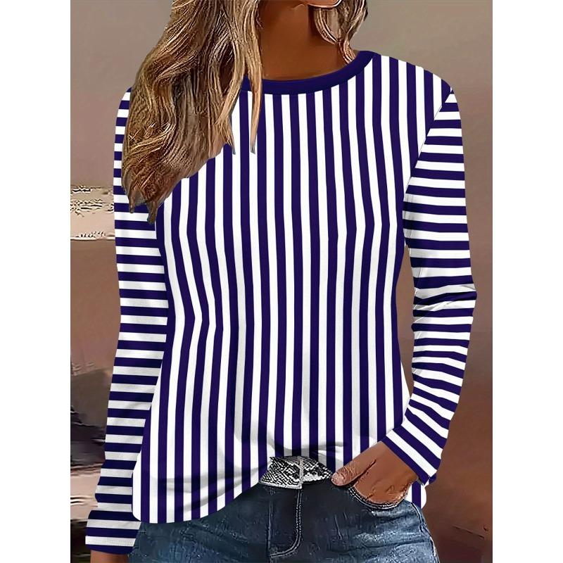 Round Neck 3D Striped Printed Top Casual Long Sleeved Women's T-shirts - Soft Medium Stretch Polyester Fabric Spring and Autumn Relaxed Fit Clothing