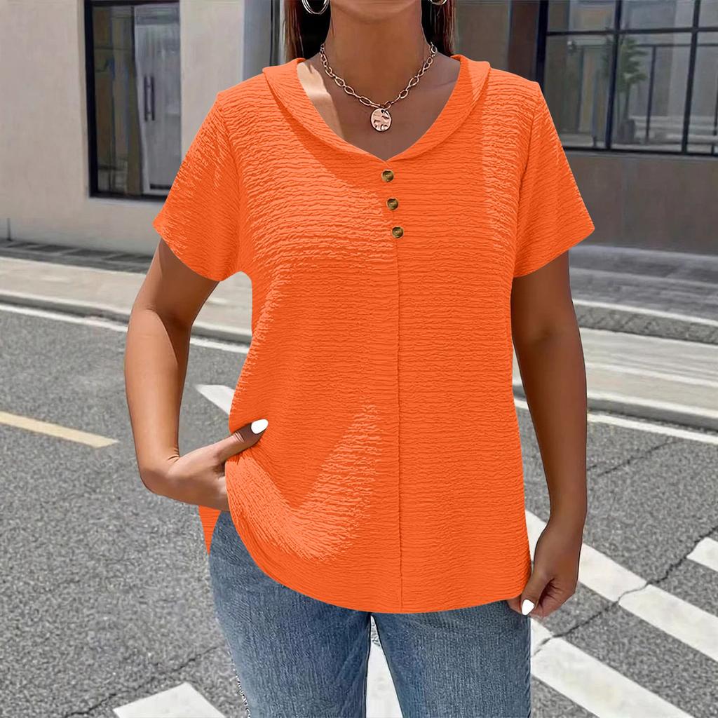 Women’s Short Sleeve Blouse with V Neck and Decorative Buttons Loose Fit Casual Top for Daily Wear