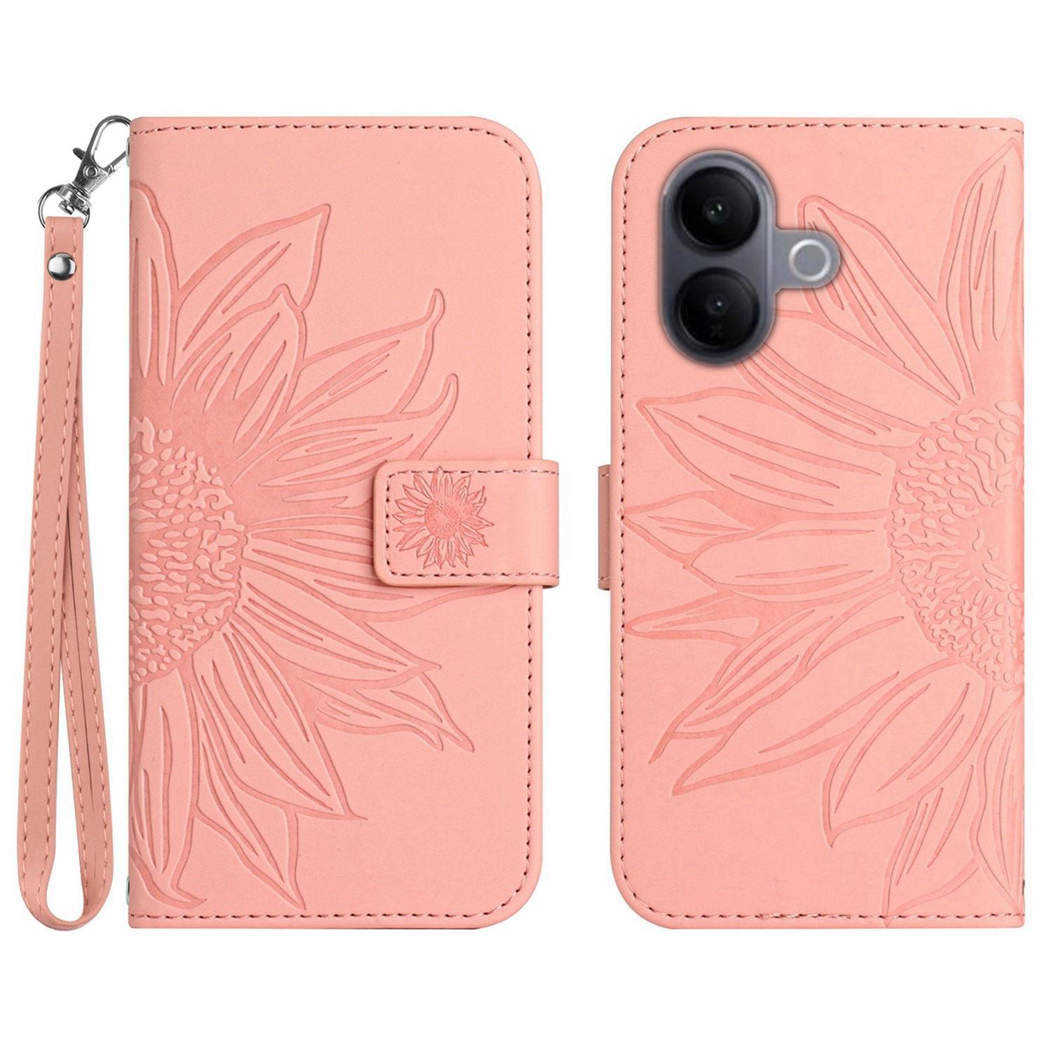

For vivo V60 Lite 5G Case Sunflower Imprint Leather Wallet Phone Cover with Wrist Strap