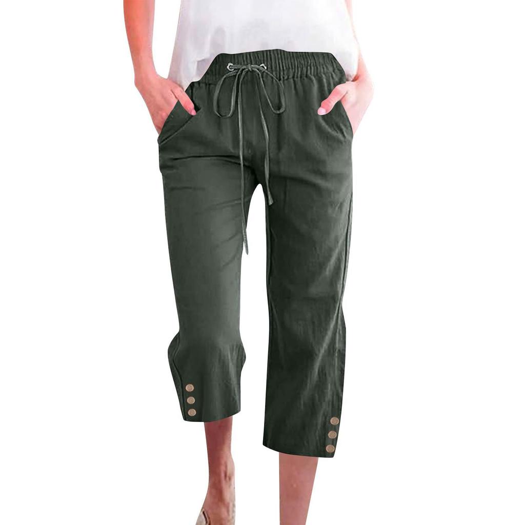 Spring Solid Color Cotton Linen Drawstring Cropped Pants