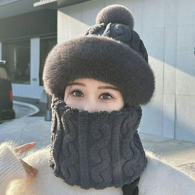 Hat Women's Winter Cycling Mask Full Face Pullover Hat Windproof Scarf Fleece Ear Protector Head Cover Warm Integrated Hat