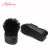 Fashion Aphixta  Hairball 3.54 Inch/9cm Wedge Heels Mule Black Slides Beach Platform Women Slippers Female Sandals Clog Shoes Women