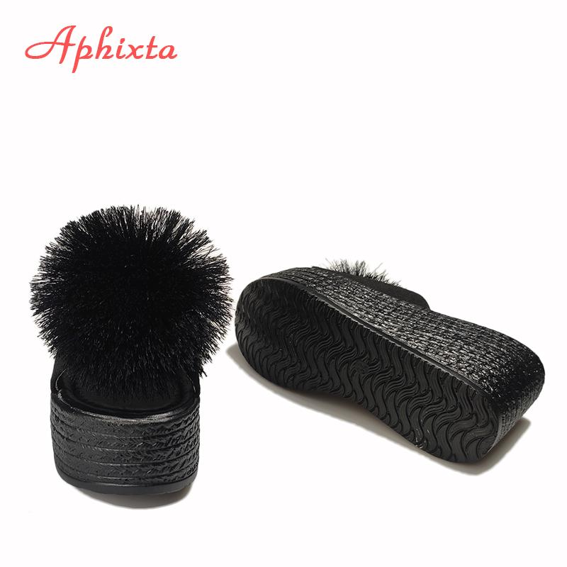 Fashion Aphixta  Hairball 3.54 Inch/9cm Wedge Heels Mule Black Slides Beach Platform Women Slippers Female Sandals Clog Shoes Women