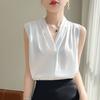 Women's Sleeveless V Neck Elegant Satin Tank Top Blouse Solid Color Pleated Office Camisole