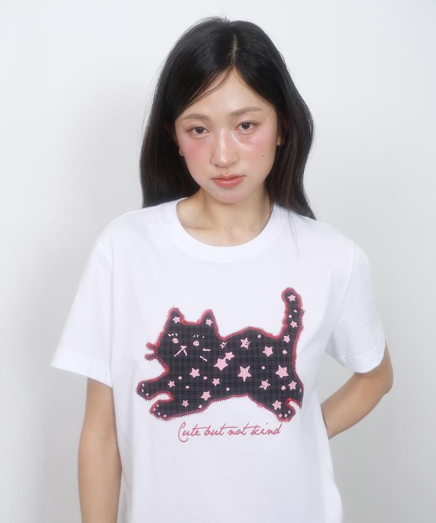 LMR Star Dot Cat Applique Short Sleeve T-Shirt White