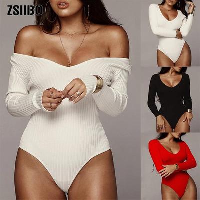 2024 European & American V-neck Long Sleeve Ribbed Jumpsuit - Casual Bodycon for Autumn/Winter Women's Fashion.