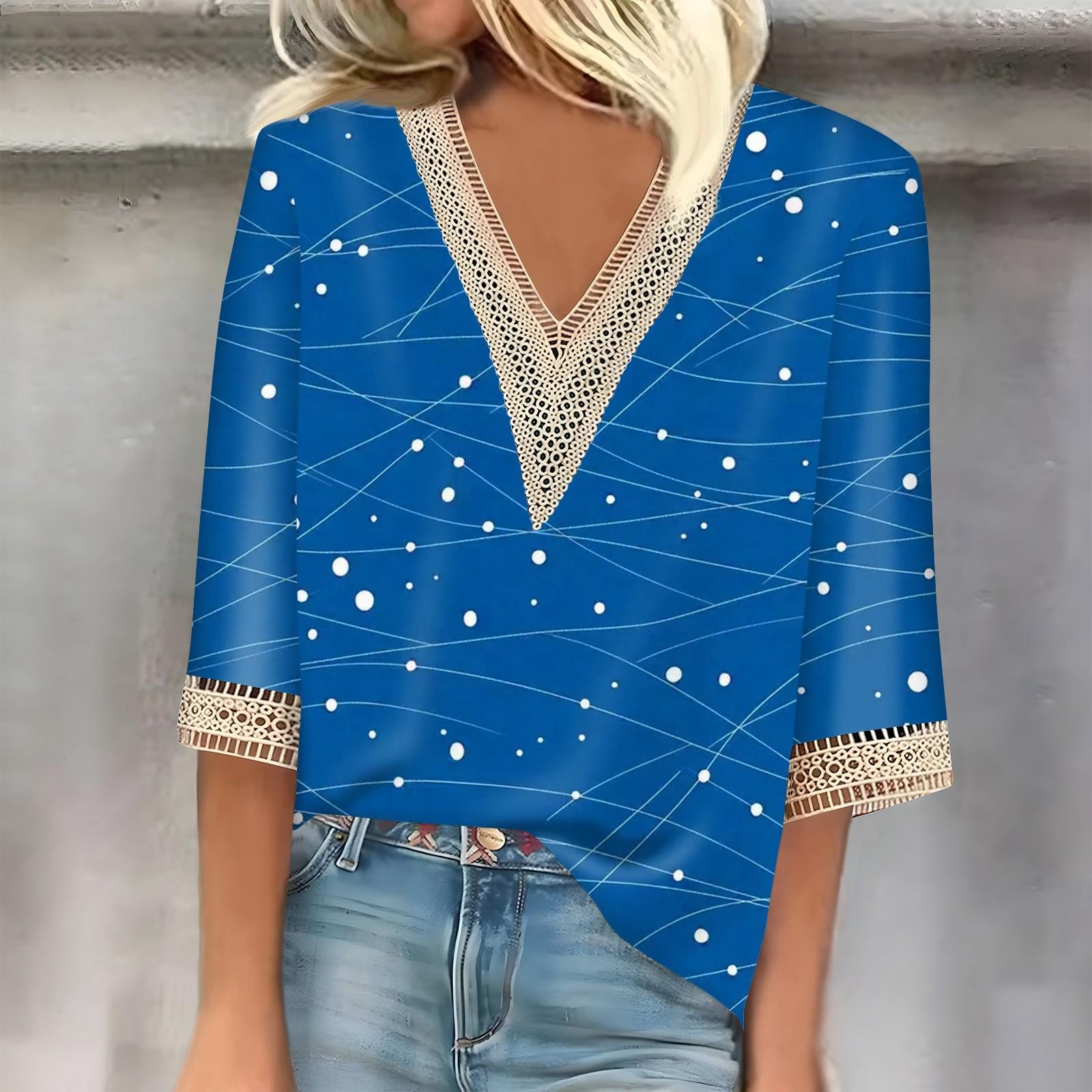 

Женский кружевной топ с рукавом семь четвертей и принтом в горошек S синий