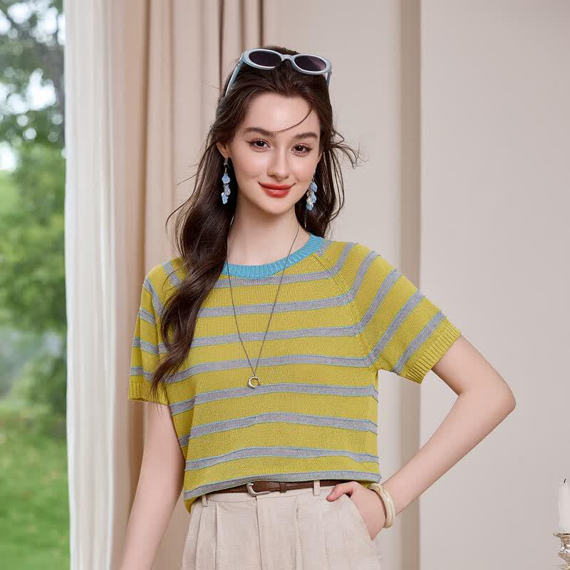 Bailuyu Retro Striped Short Sleeve Knit Top S