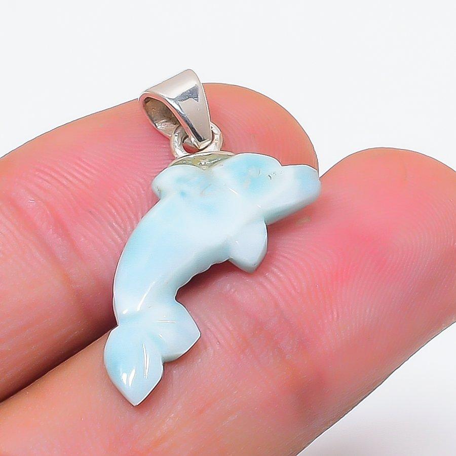 Natural Larimar Gemstone Handmade 925 Sterling Silver Jewelry Pendant 0.71" S3s36