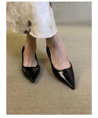 Cowhide French Black Pointed Leather Shoes Thick Heel Single Shoes Women's Shallow Mouth Medium Heel Women's Shoes Commuter Versatile Work Shoes