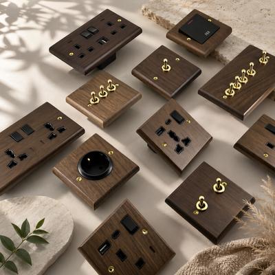 Hot Sale Customized Walnut Wood Premium Vintage French UK Walnut Wood Switch Panel Brass Toggle Antique Wooden Wall Outlet