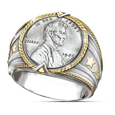 Bague Rétro Tête de Pièce Bicolore Plaqué Or Bijou de Main Populaire Européen et Américain pour Homme
