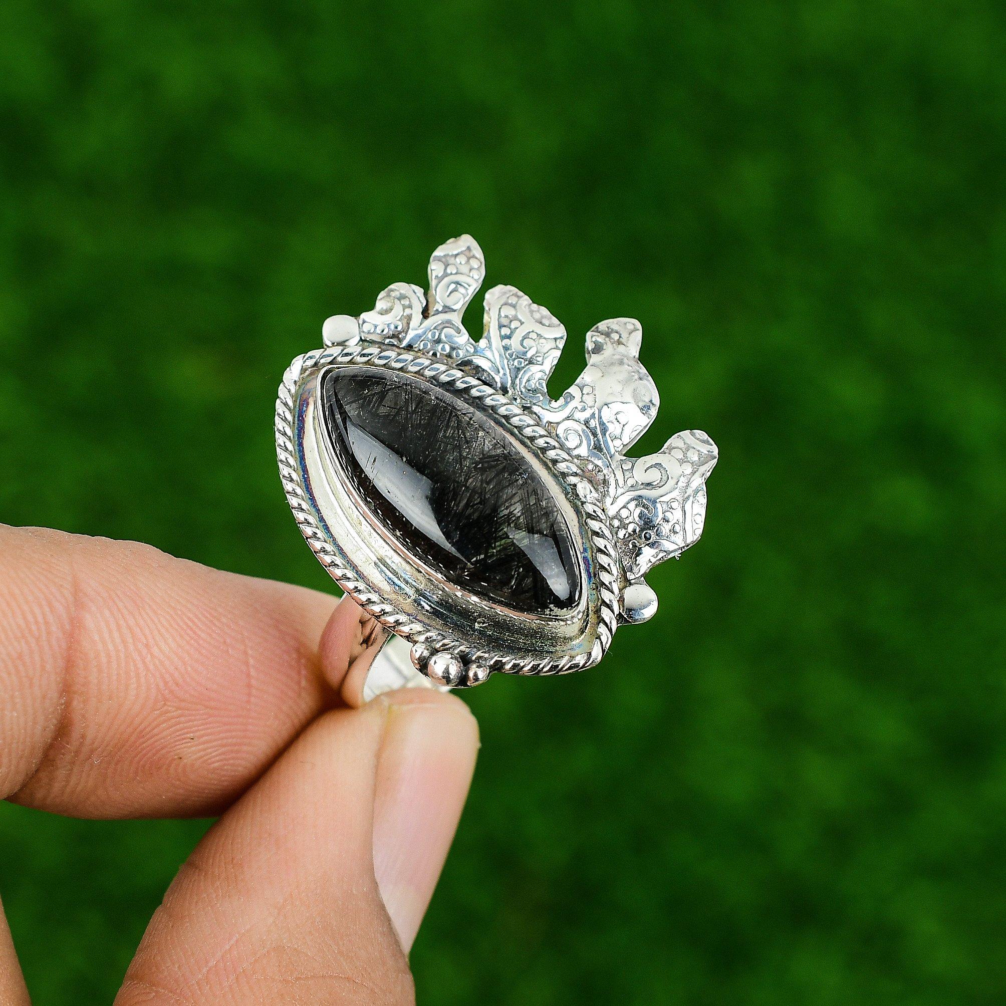 

Натуральный камень Рутил Черный 925 Серебро Кольцо Обещания Регулируемое для Женщин Adjustable