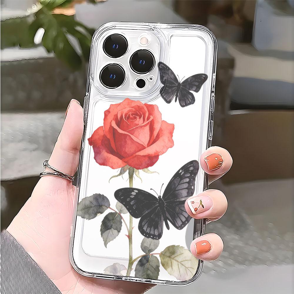 Red Rose with Black Butterflies lucency Phone Case for IPhone 14 15 16 13 12 11 17 Pro Max 12 13 Mini Soft Cover