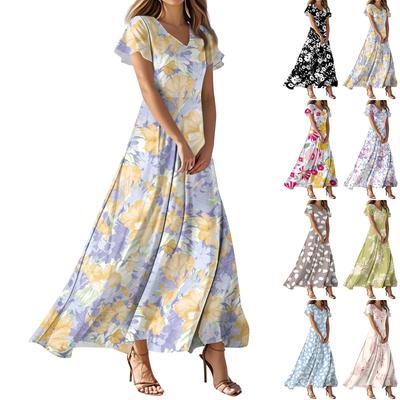 Women's Summer Casual Fashion Flower Prints Dresses V-Neck Short Sleeve Dresses