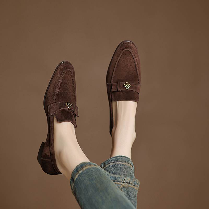 Krazing Pot Sheep Suede Autumn Winter Shoes Metal Decoration Loafers Med Heels Slip On Size 42 Round Toe Slip On Deep Mouth Pumps