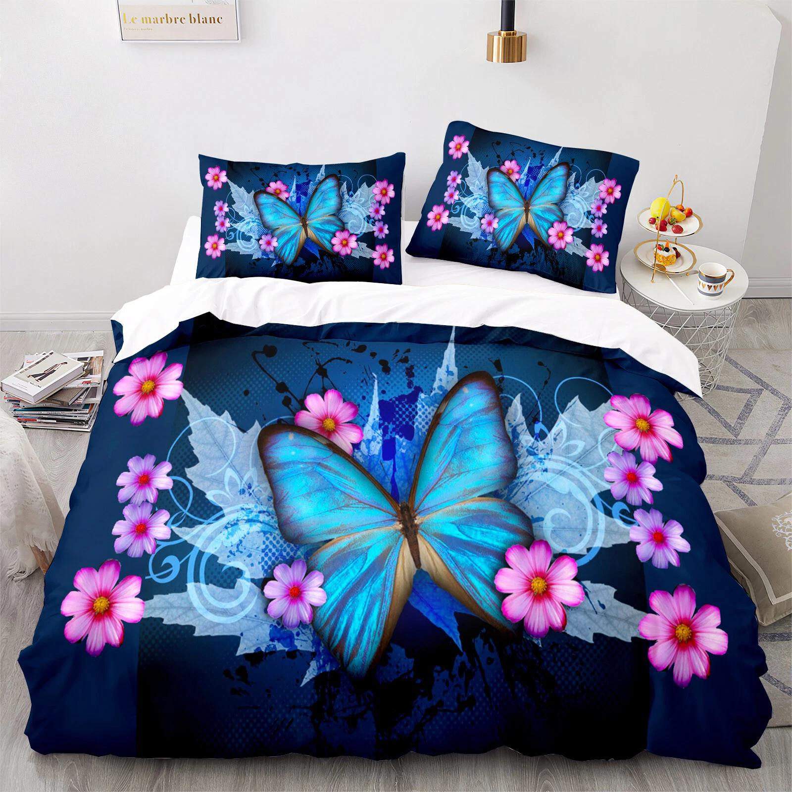 

Blue Butterfly Bedding Set Flower Duvet Cover Queen King Double Duvet Cover Pillowcase 2/3 Gift Soft Bedroom Decoration UK Single 135x200cm